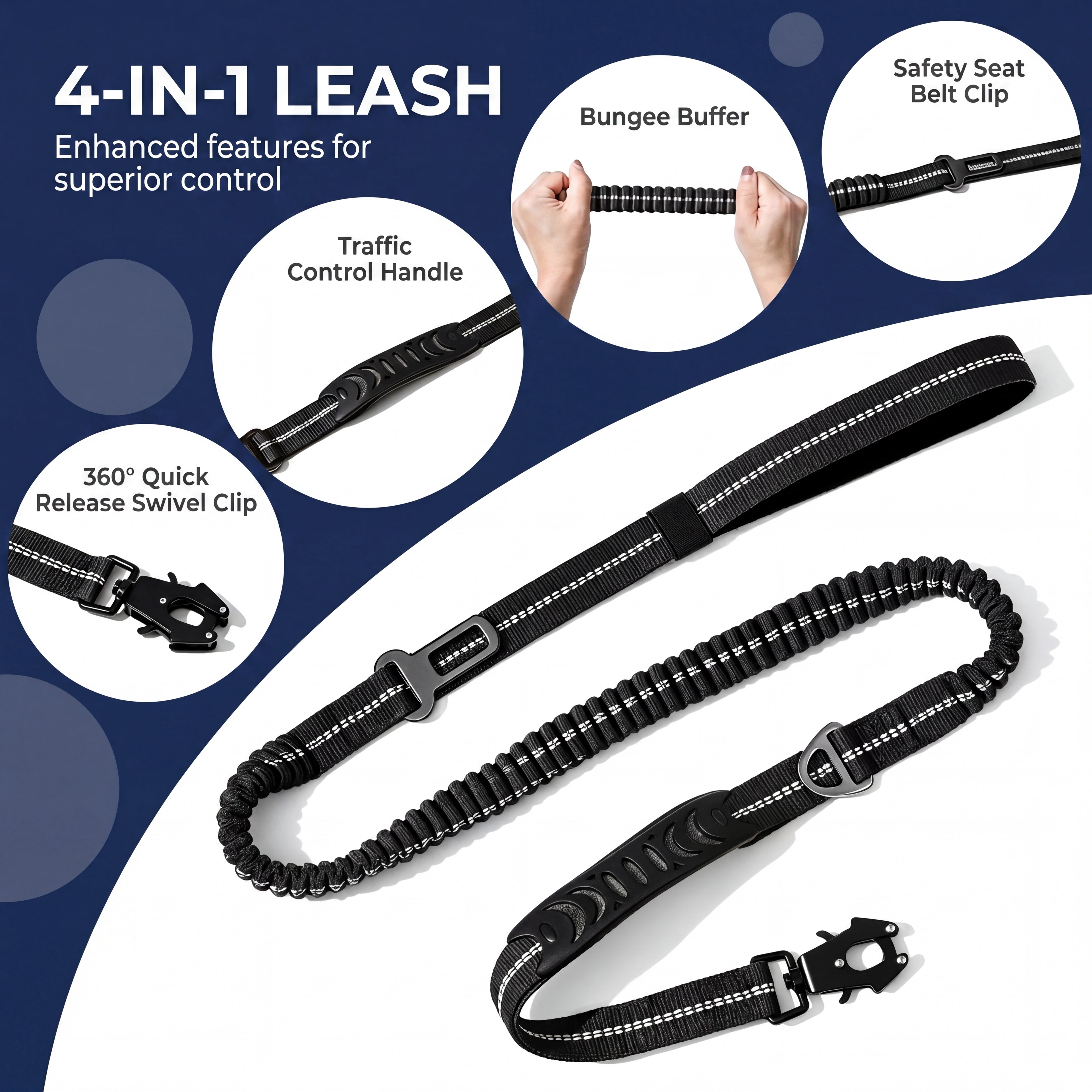 KAVRIONA Safe-Roam Heavy Duty Tactical Bungee Dog Leash with Car Belt Clip