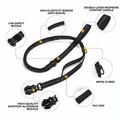 KAVRIONA Safe-Roam Heavy Duty Tactical Bungee Dog Leash with Car Belt Clip