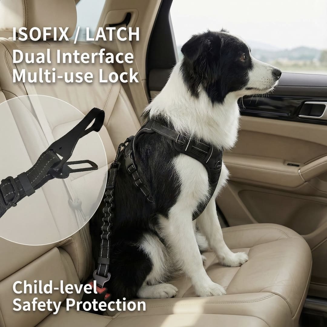Heavy Duty ISOFIX/LATCH Dog Seat Belt - Anti-Shock Bungee & 360° Swivel (Universal Fit)