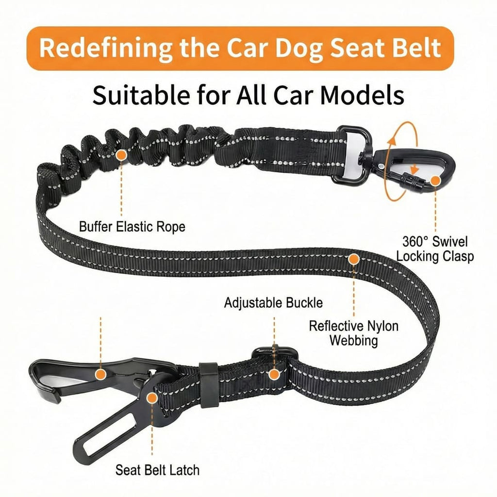 Heavy Duty ISOFIX/LATCH Dog Seat Belt - Anti-Shock Bungee & 360° Swivel (Universal Fit)