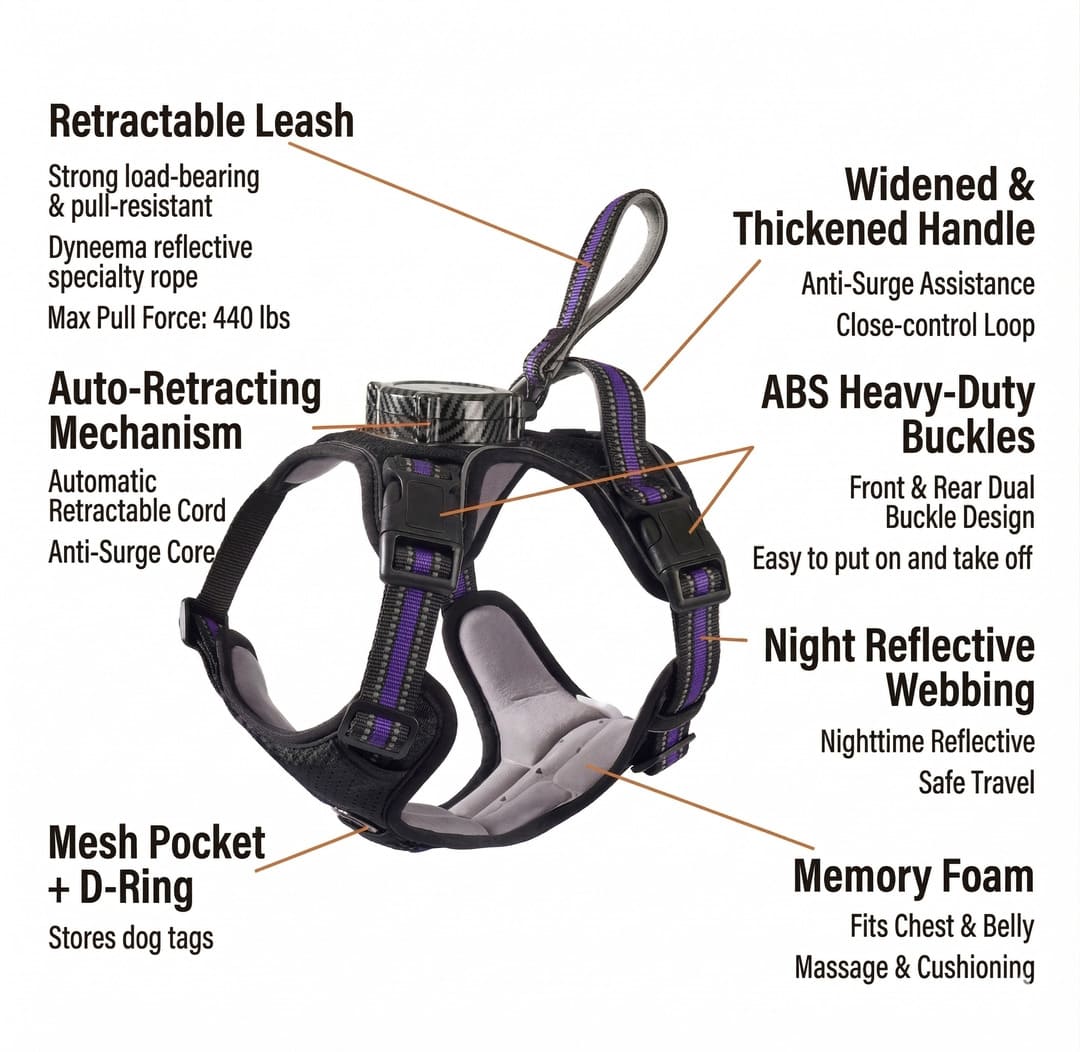 KAVRIONA 2-in-1 No-Pull Dog Harness with Built-In Retractable Leash